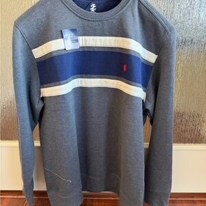 Izod Men's Gray Sweater with Blue and White Stripes